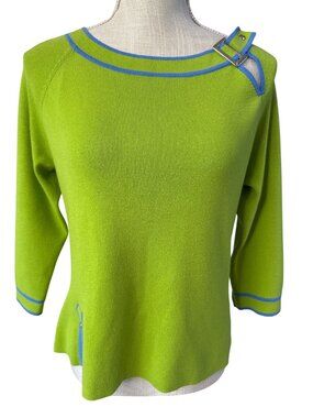 Q.U.E. Cotton Nylon Green Blue Green Sweater With Blue Trim & Buckle Detail XL